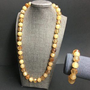 VTG Pop Bead Necklace Bracelet Brown Frosty Beige Faceted Adjustable Retro